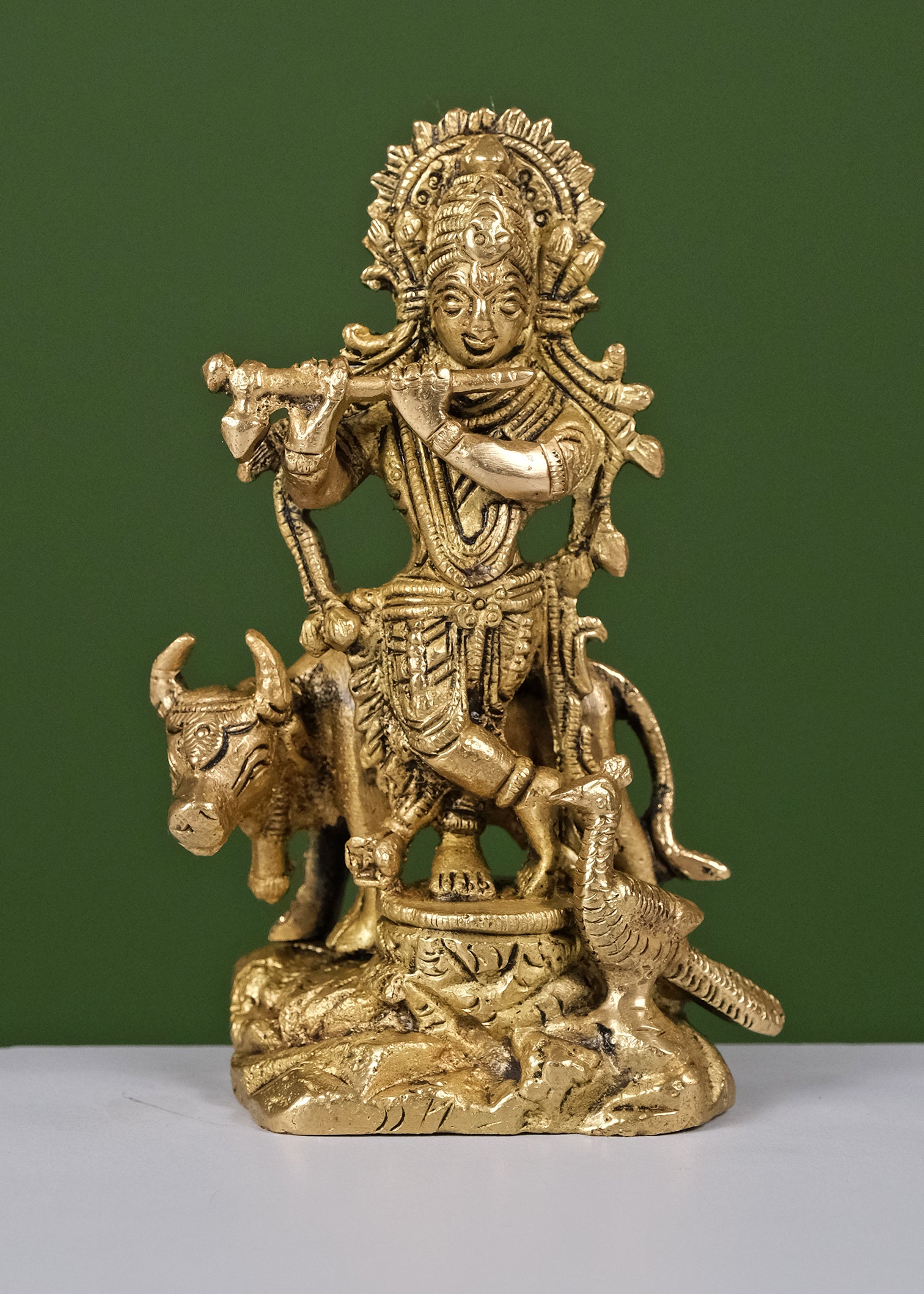 Brass Krishna Cow andPeacock