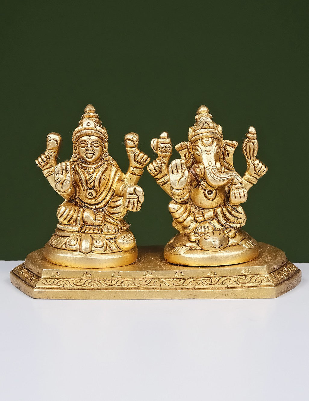Brass Yellow Gold Ganesha Laxmi On Base