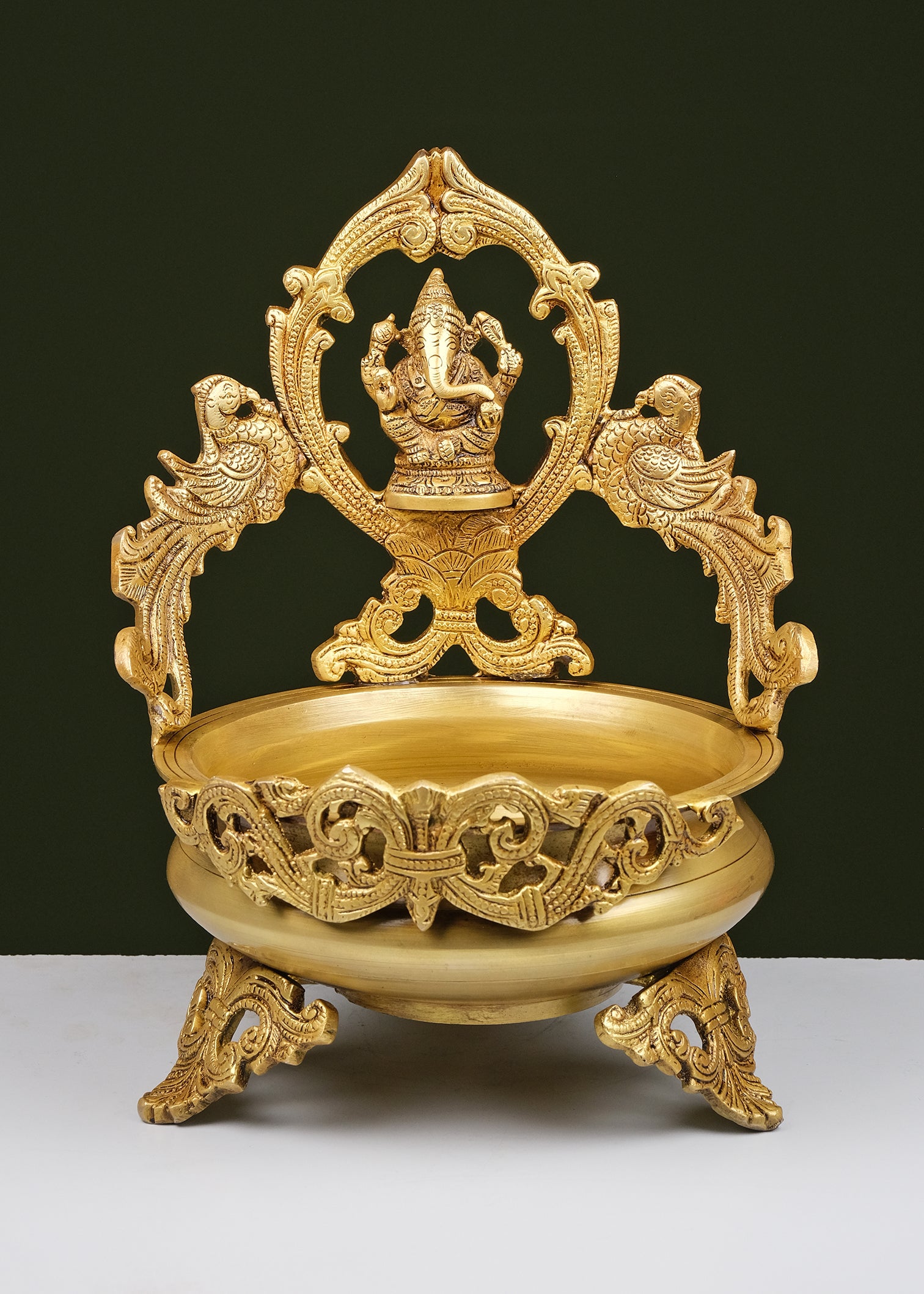 Brass Urli Ganesha With Peacock