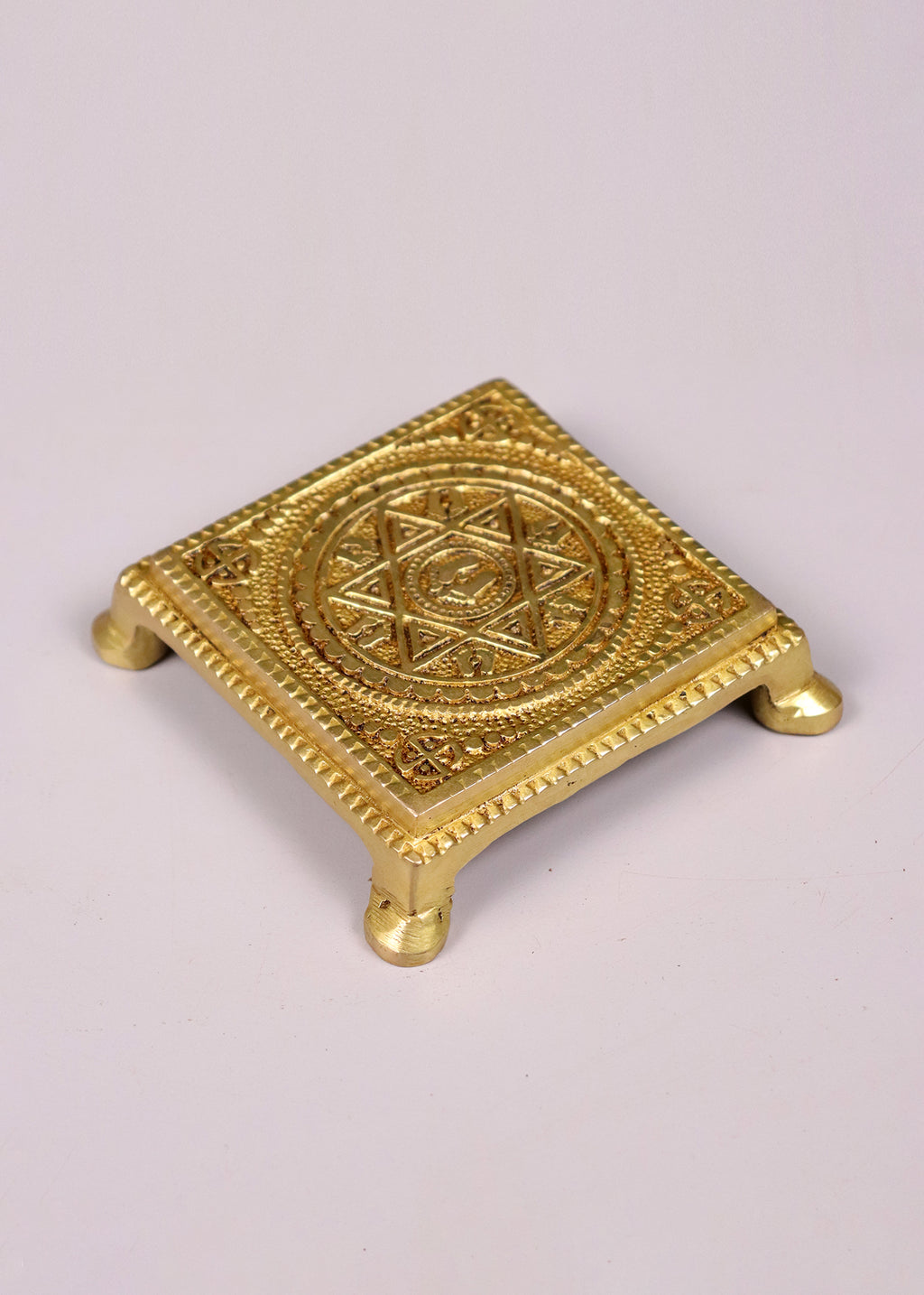 Brass Chowki With Charan Paduka Carving