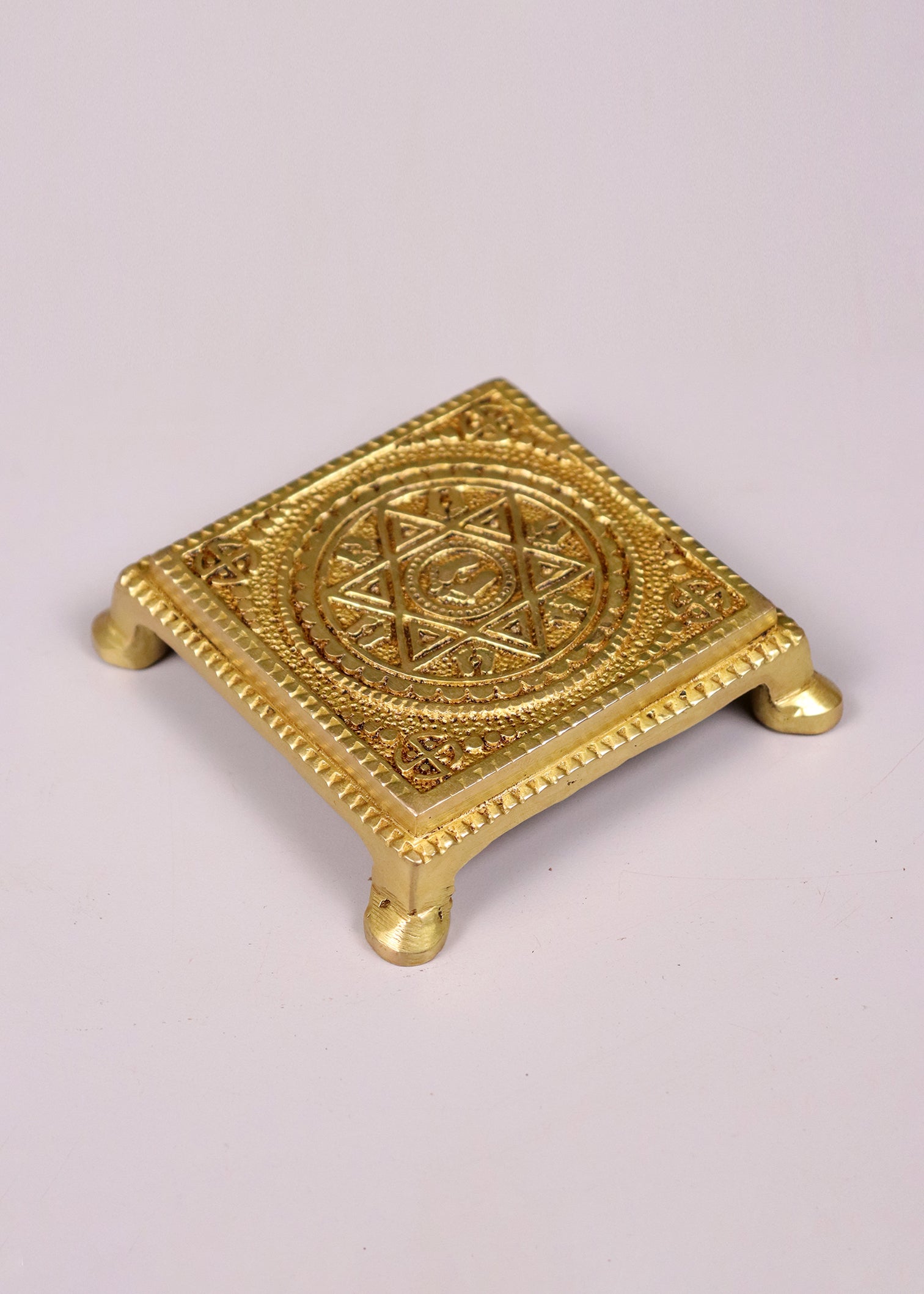 Brass Chowki With Charan Paduka Carving