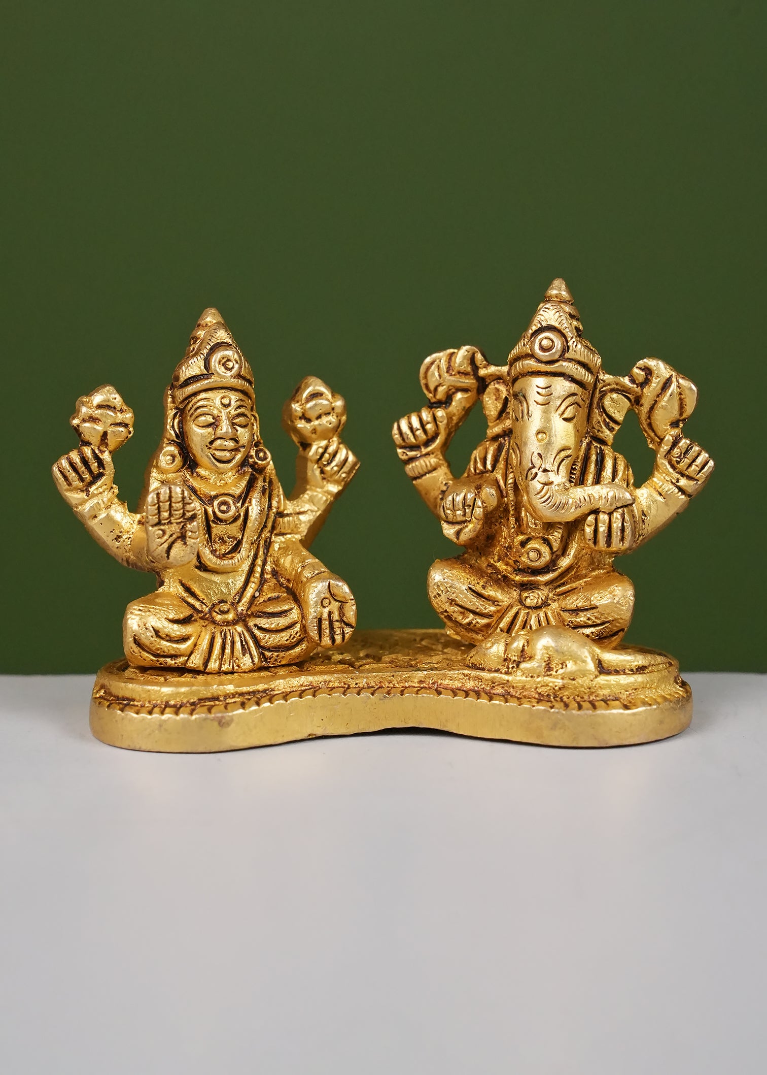 Brass Yellow Gold Ganesha Laxmi on Base