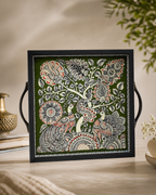 Decorative tray featuring intricate Kalamkari art with peacocks and floral designs.