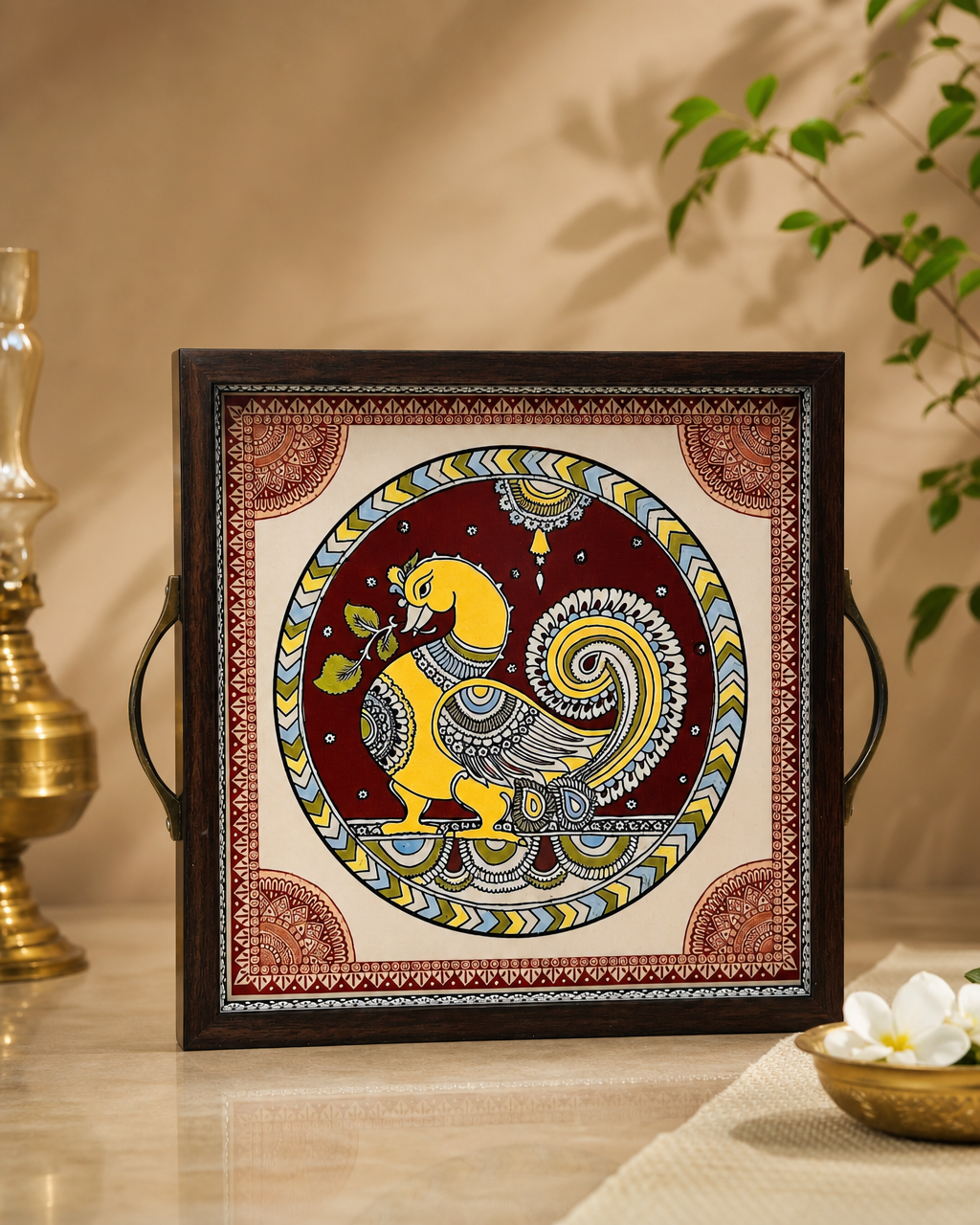 Kalamkari Decorative Tray featuring intricate traditional artwork with a vibrant yellow bird on a red background.