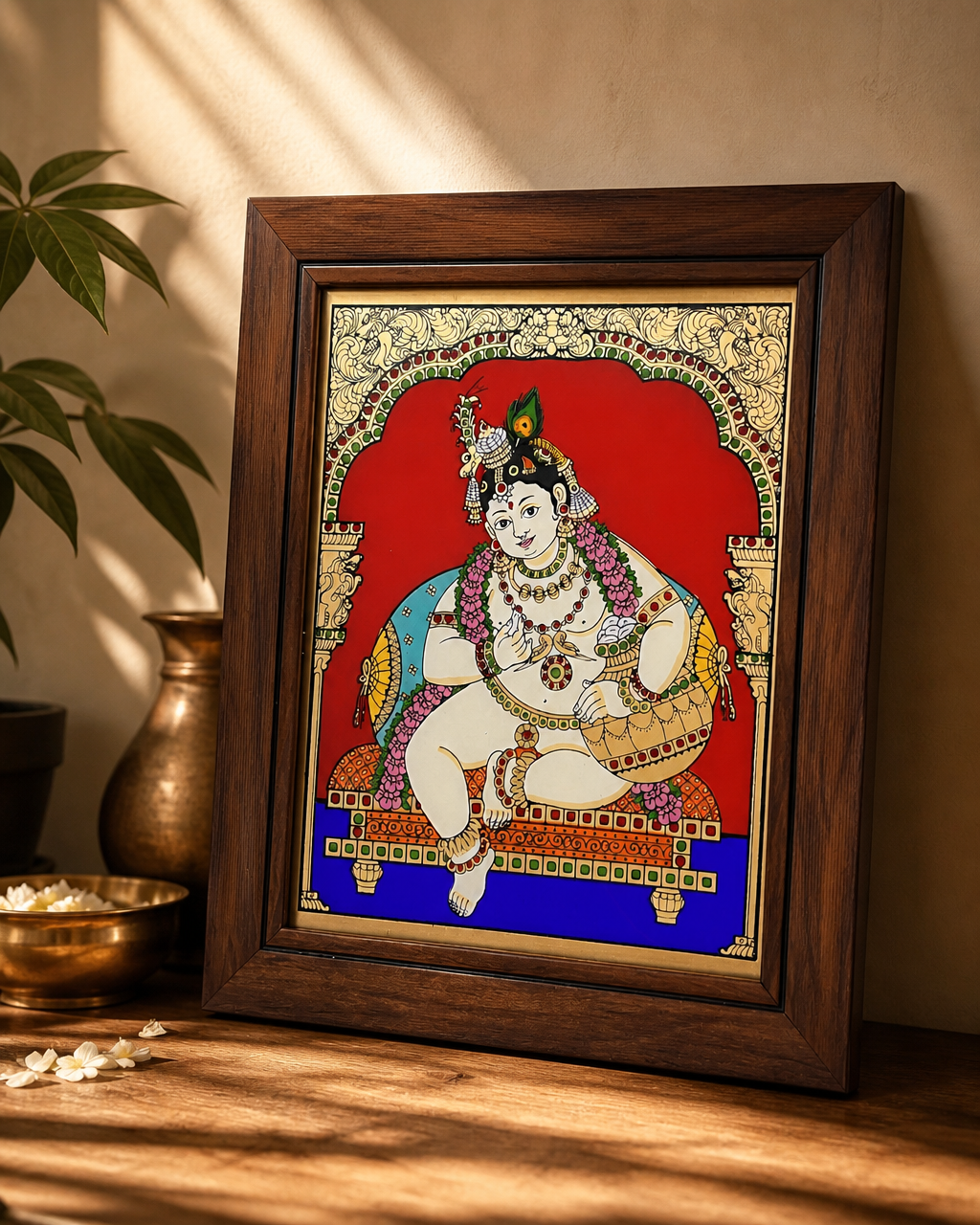 Tanjore Reverse Glass Painting of Krishna in a classic wooden frame with vibrant colors.