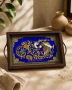 Exquisite Tanjore Reverse Glass Painting Premium Tray with intricate artwork on a blue background.