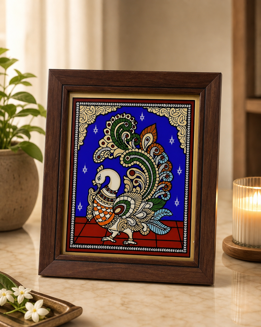 Framed Tanjore reverse glass painting of a peacock in vibrant colors