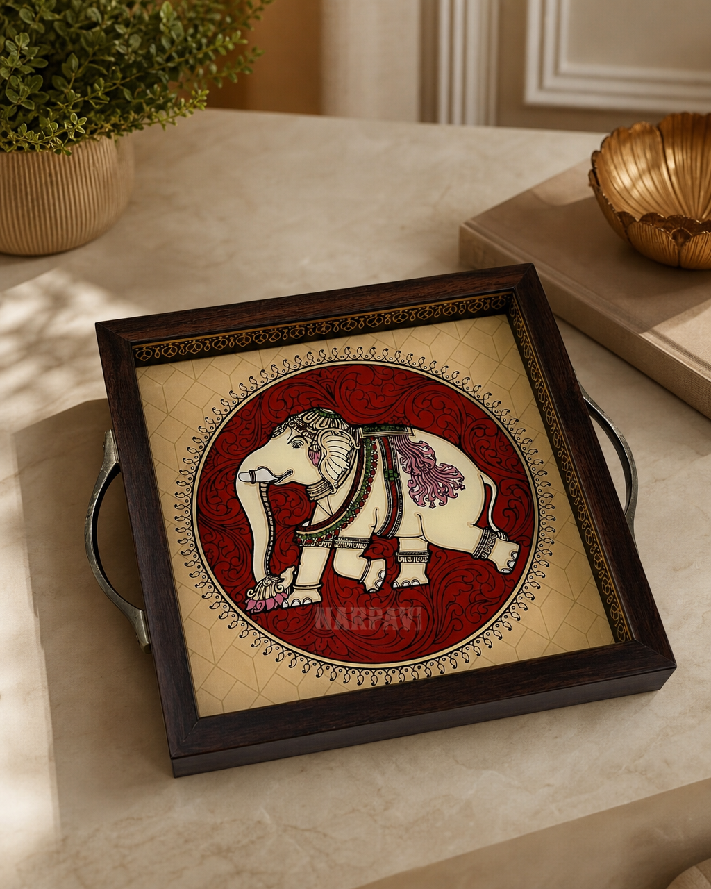 Square tray featuring a Tanjore reverse glass painting with an ornate elephant design.