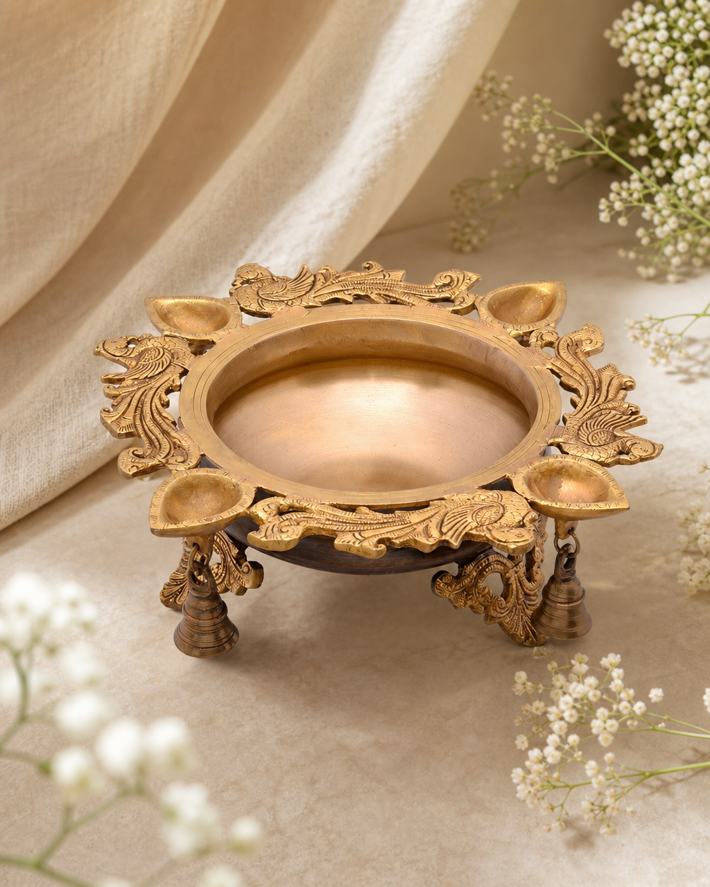 Brass Golden Tone Urli Peacock Diya
