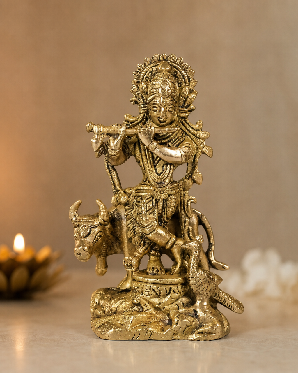Brass Krishna Cow andPeacock