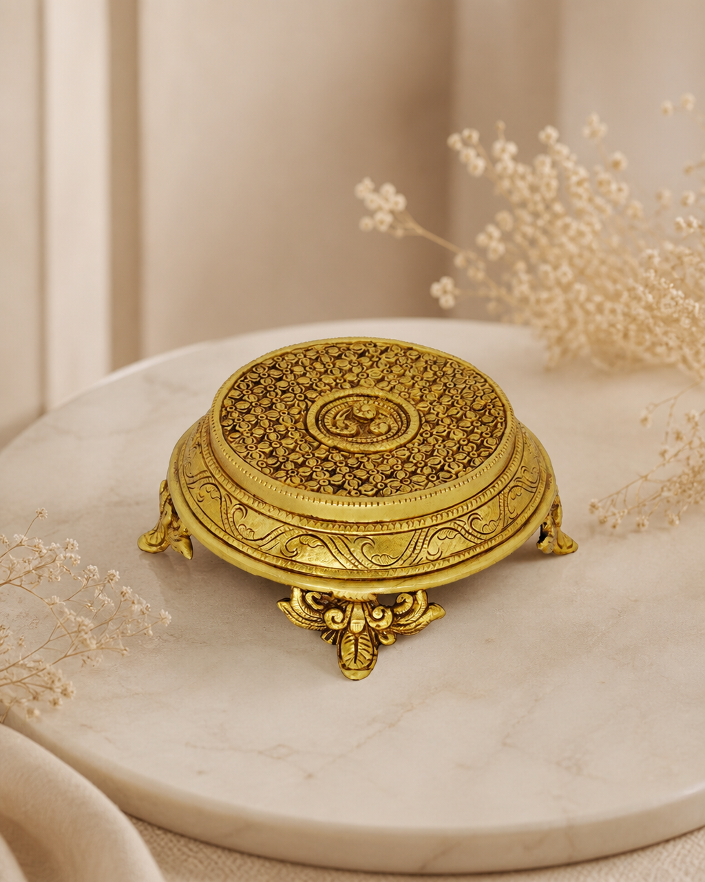 Brass Chowki Round Flower Carved