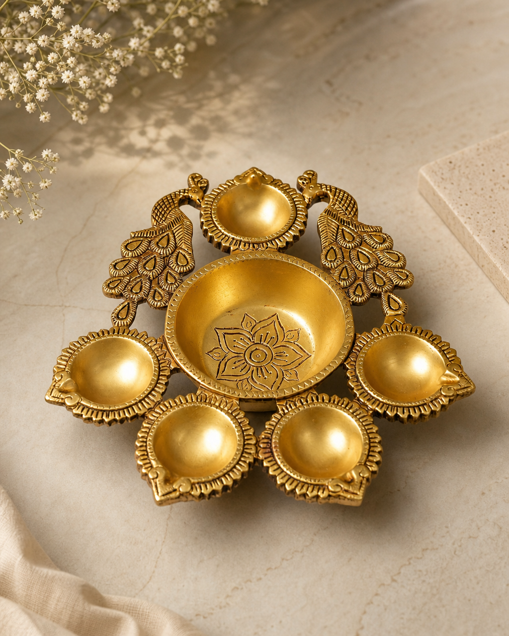 Brass Double Peacock Diya