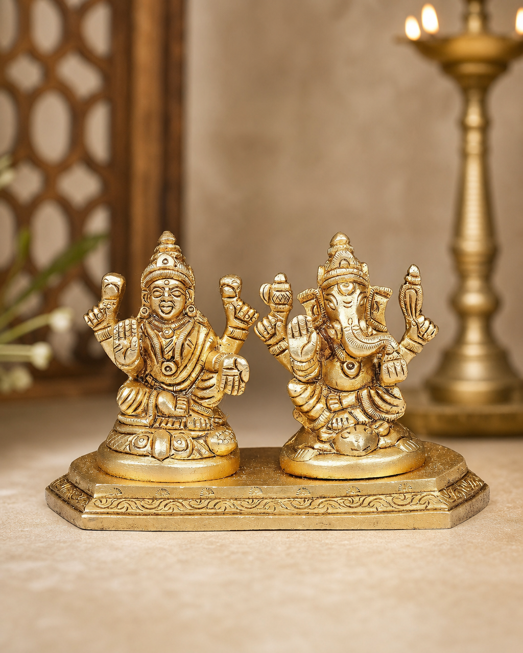 Brass Ganesha Laxmi On Base