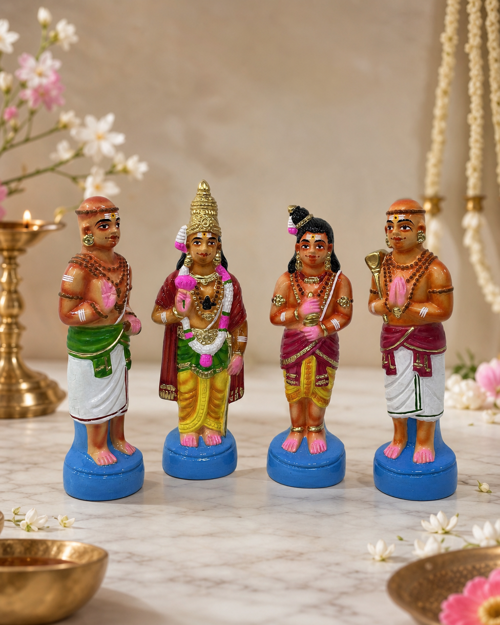 Colorful Nalwar figurine set featuring four intricately designed painted statues on blue bases, ideal for home decor.