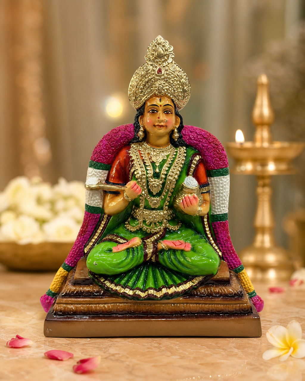 Elegantly crafted Annapoorani sculpture for home decoration, with intricate detailing and vibrant colors.