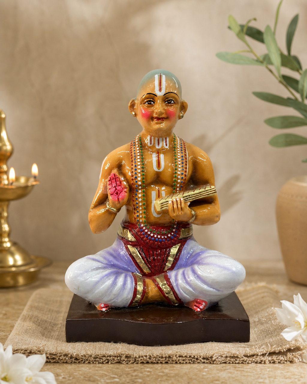 Colorful Desigar statue seated on a decorative base, adorned with traditional attire.