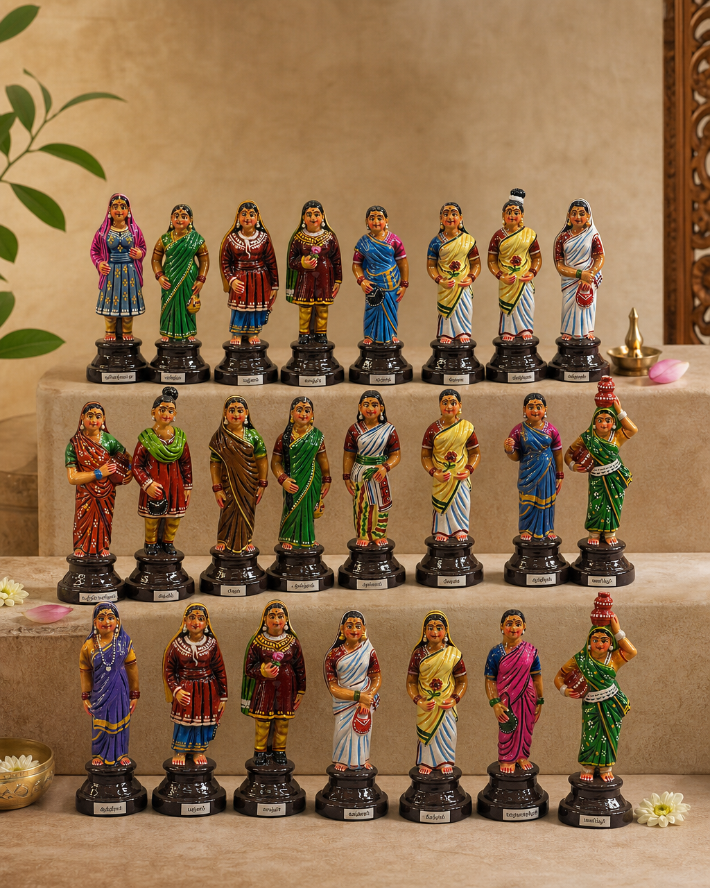 Colorful set of Indian ladies figurines in traditional attire