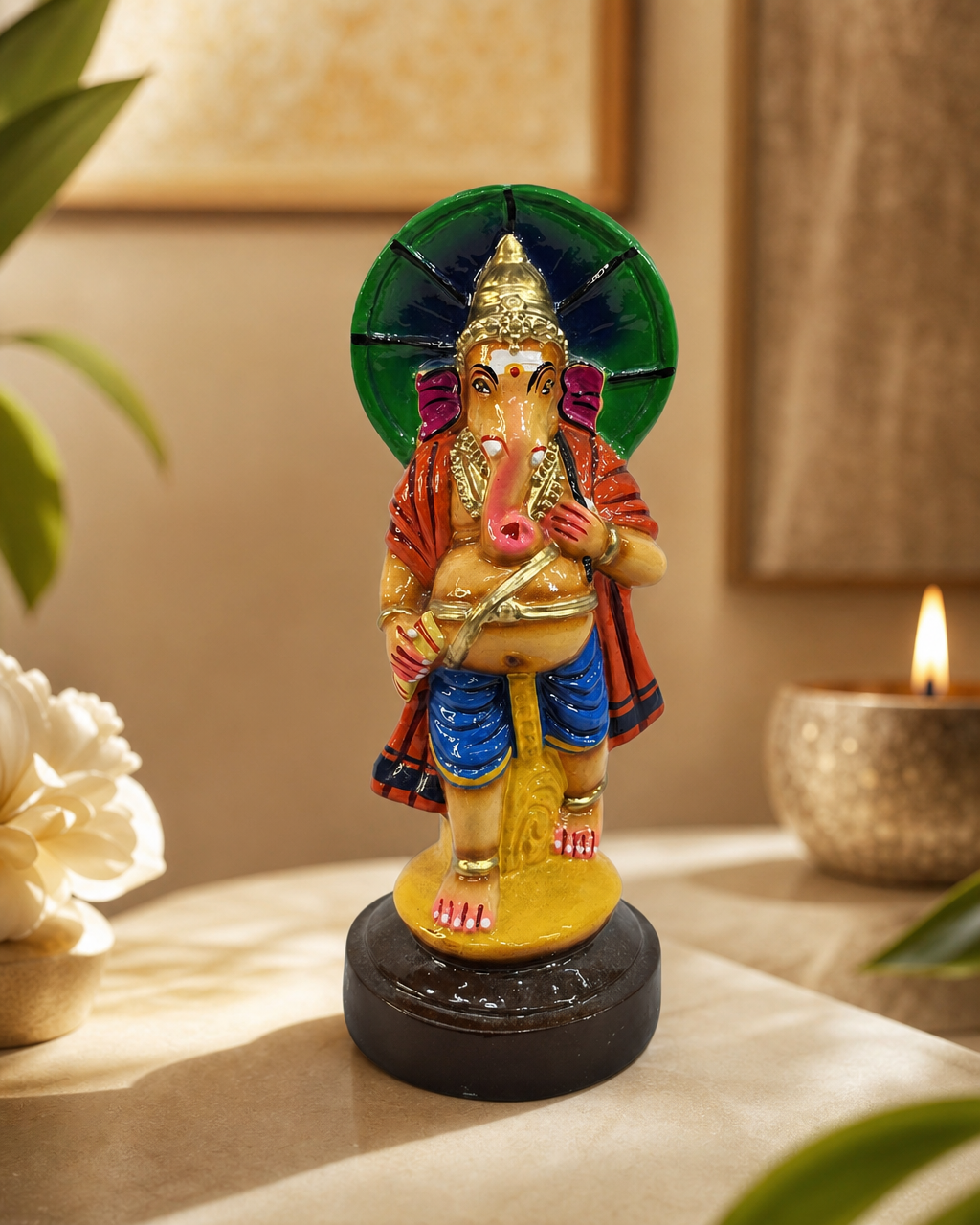 Colorful Kudai Vinayagar statue with intricate detailing and umbrella on a decorative table