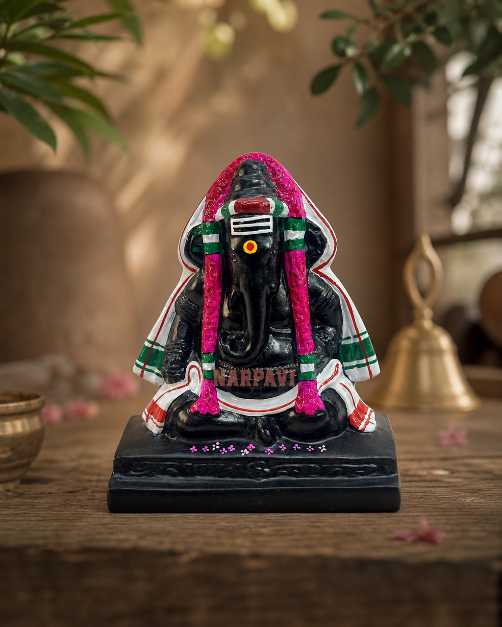 Pillaiyarpatti Vinayagar sculpture with intricate details, displayed in a rustic setting.