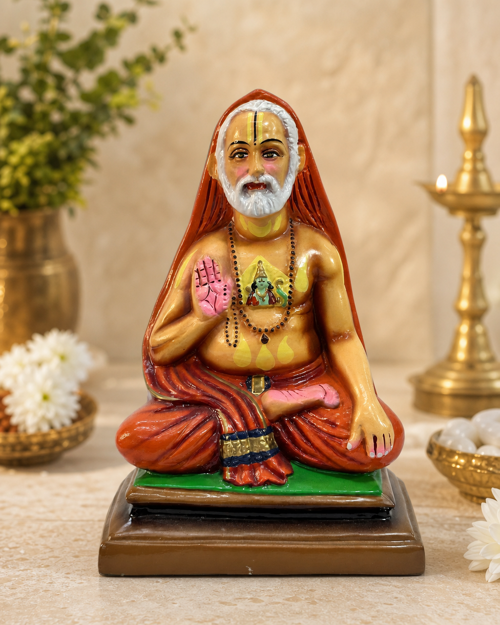 Raghavendra big handcrafted statue with vibrant colors and intricate details, set against a decorative background.