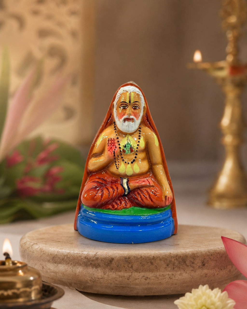Handcrafted small figurine of Raghavendra Swami, vibrant colors, placed on a stone surface with decorative elements.