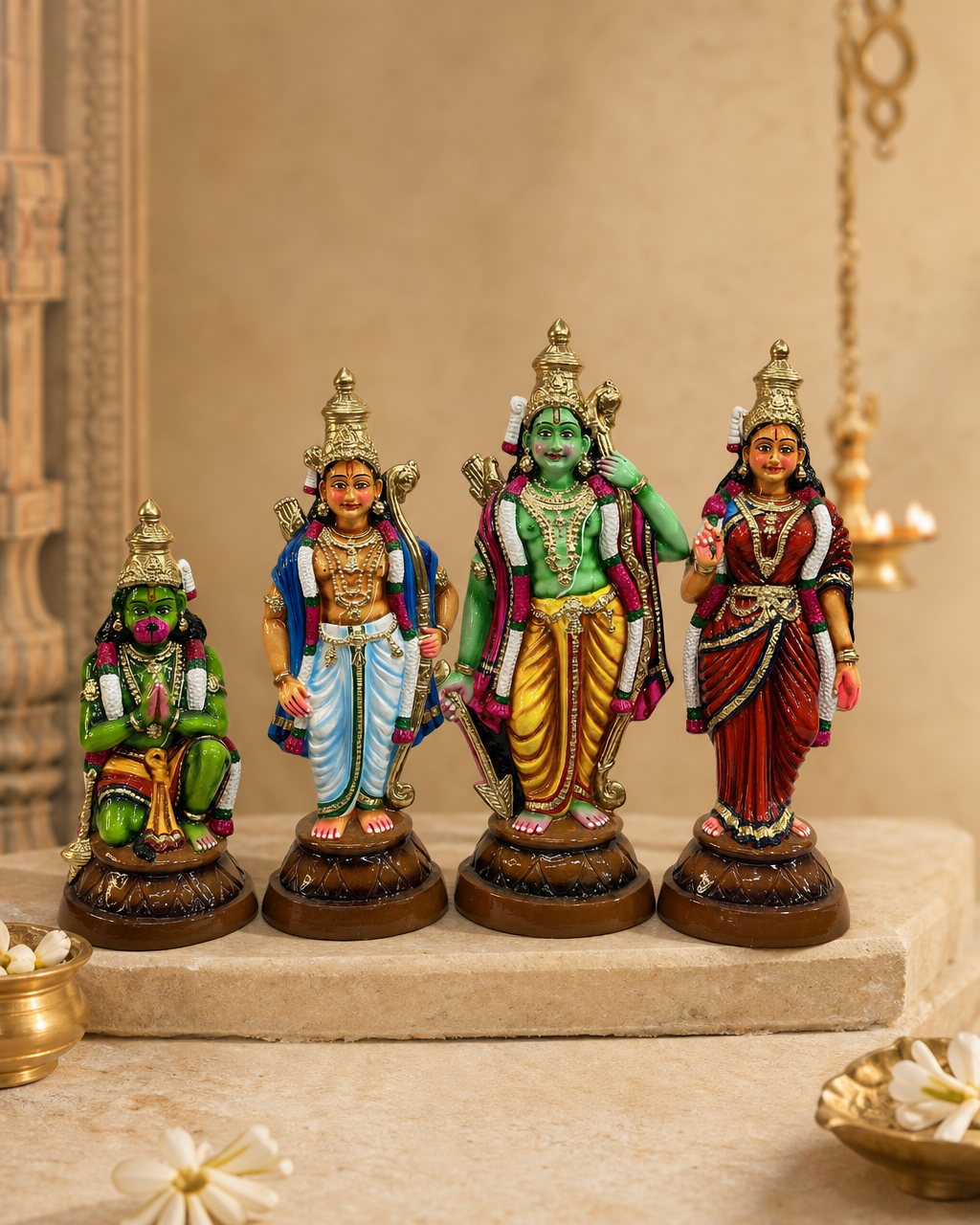 Intricately crafted Rama family statues featuring vibrant colors and detailed design in a traditional setting.