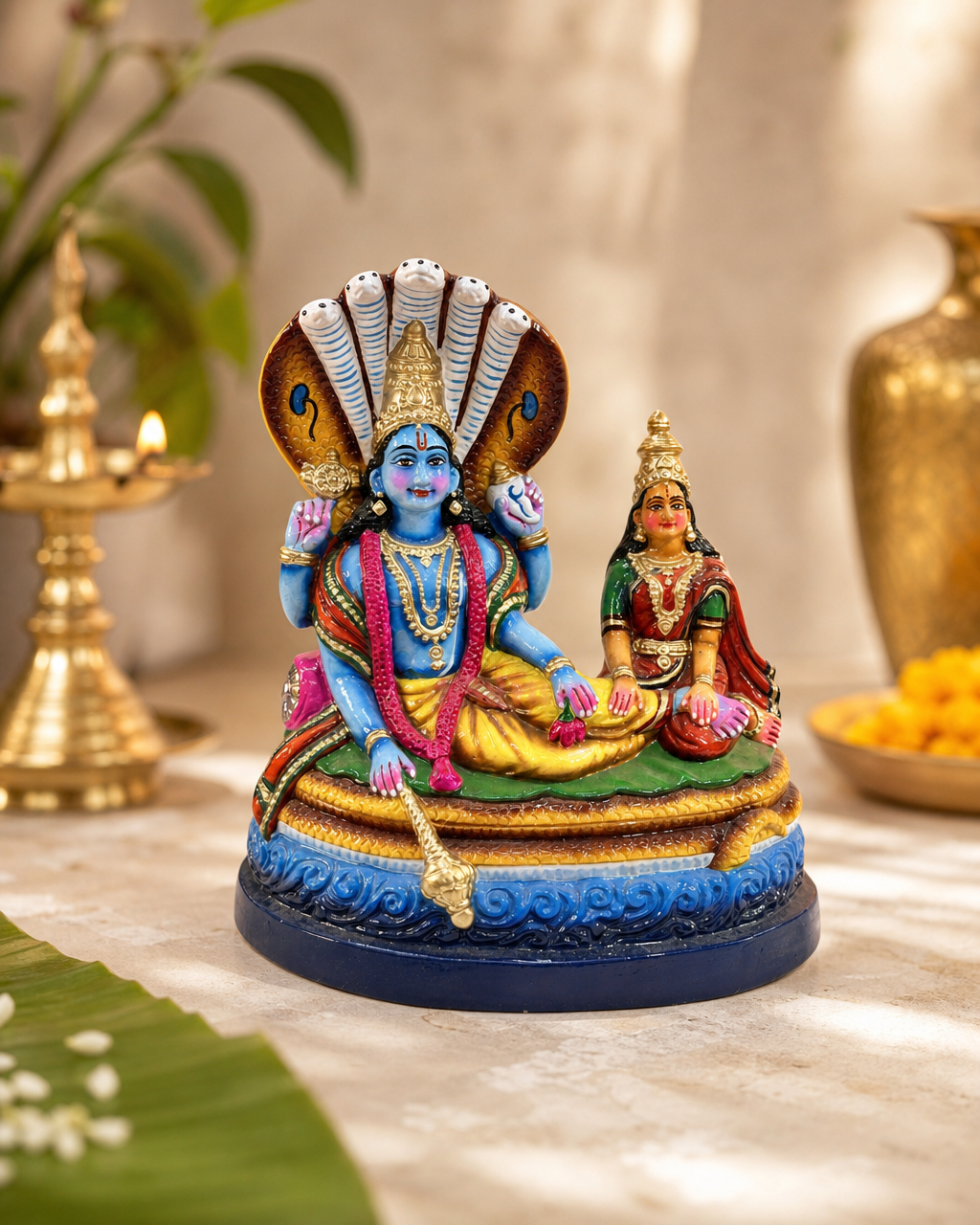 Colorful Thirupaarkadal figurine with vibrant details, displayed alongside traditional decor.