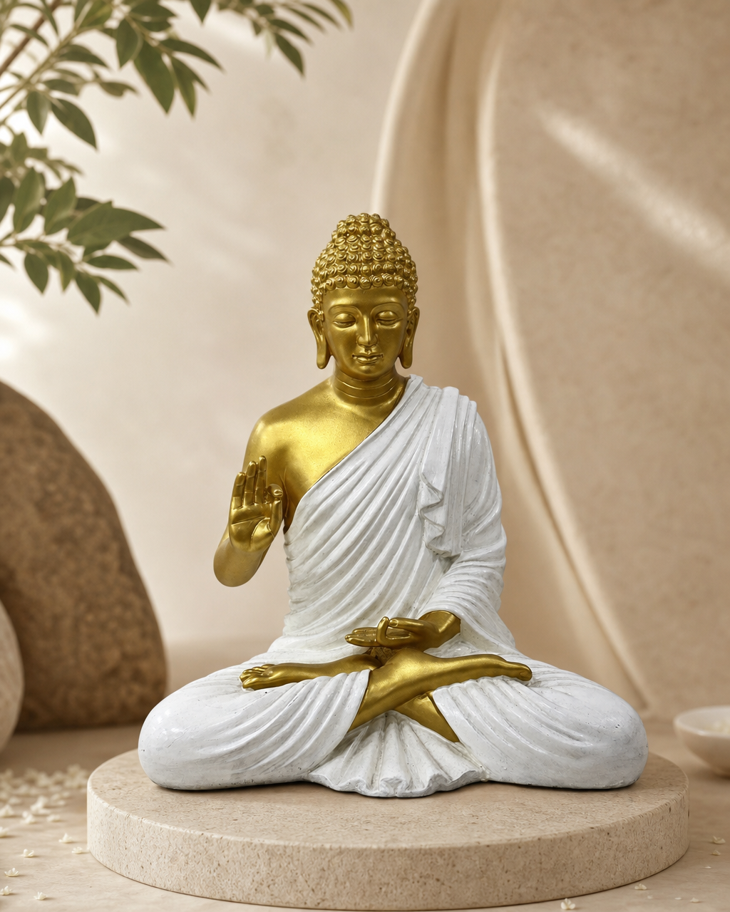 Elegant cream gold Buddha statue seated in meditation pose on a beige platform.