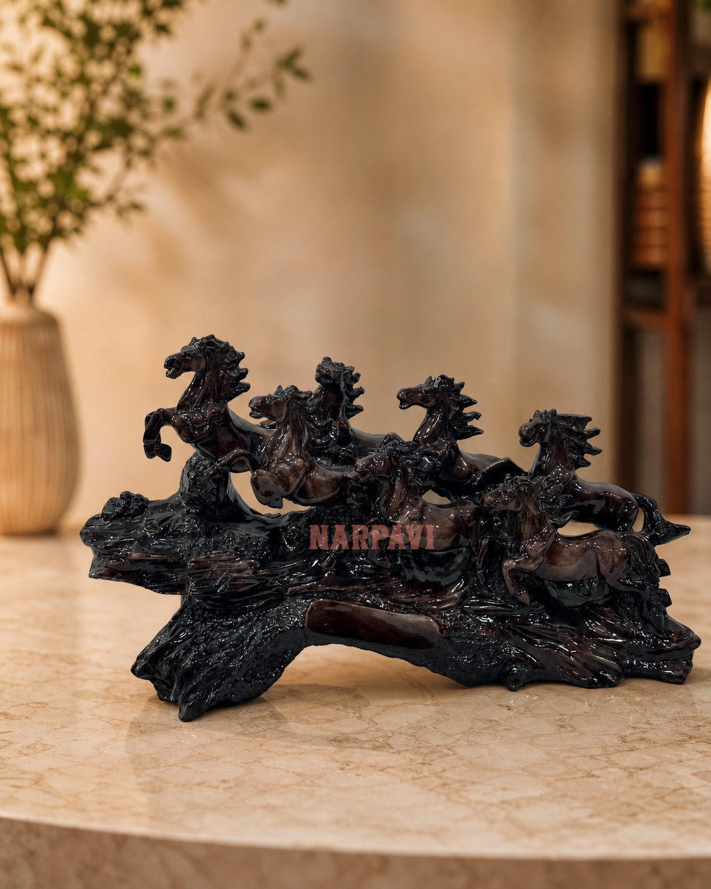 Elegant seven horse sculpture on a marble surface, perfect for home decor.