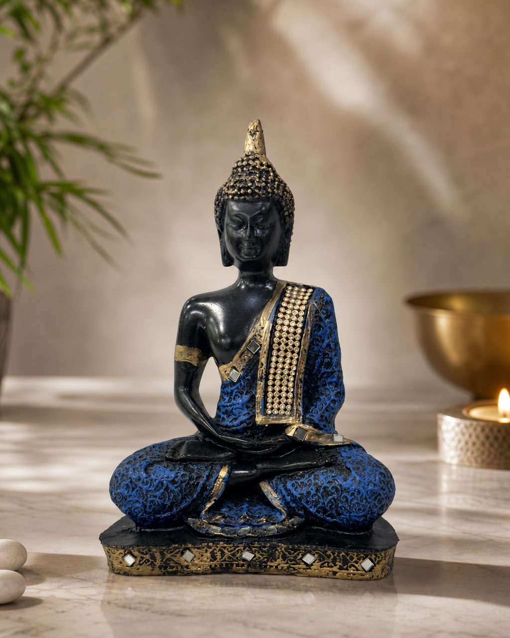 9-inch Samadhi Buddha statue in meditative pose with blue and gold detailing.