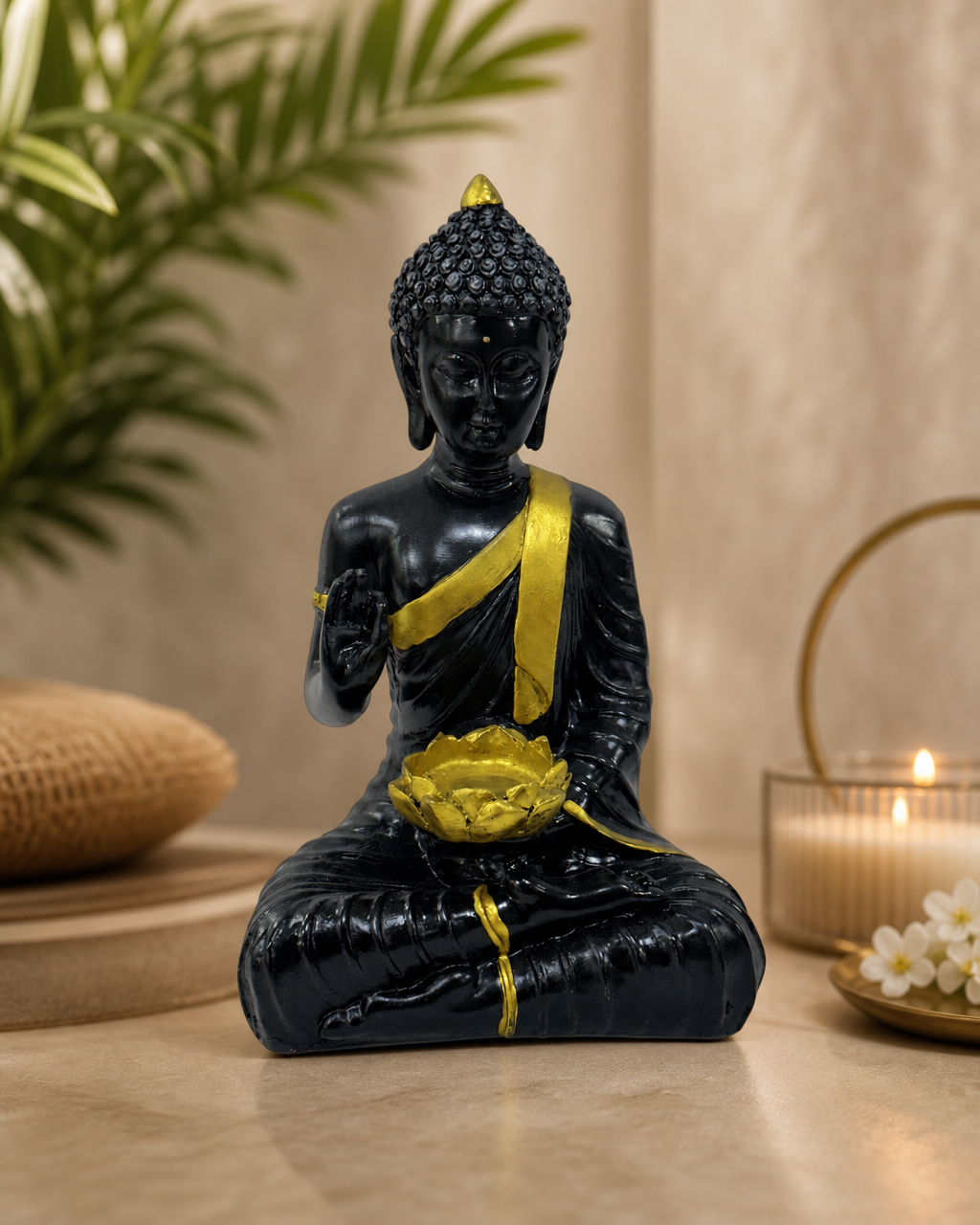 Elegant black Katora Buddha statue with gold accents, surrounded by soft lighting and decorative elements