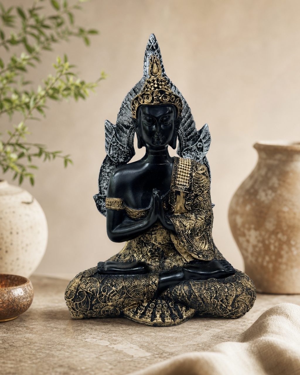 Elegant antique statue of a tranquil figure in a namaskar pose, intricate design on a table setting.