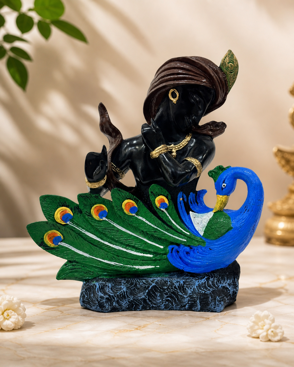 A beautifully crafted Peacock Krishna figurine, featuring vibrant colors and intricate details, perfect for home decor.
