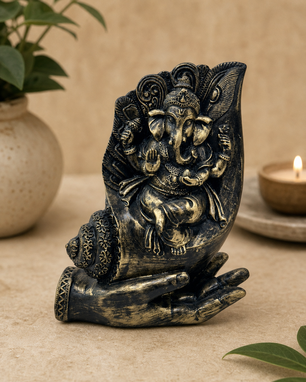 Conch Ganesh Idol with intricate detailing held in a supportive hand, used for elegant and spiritual home decor.