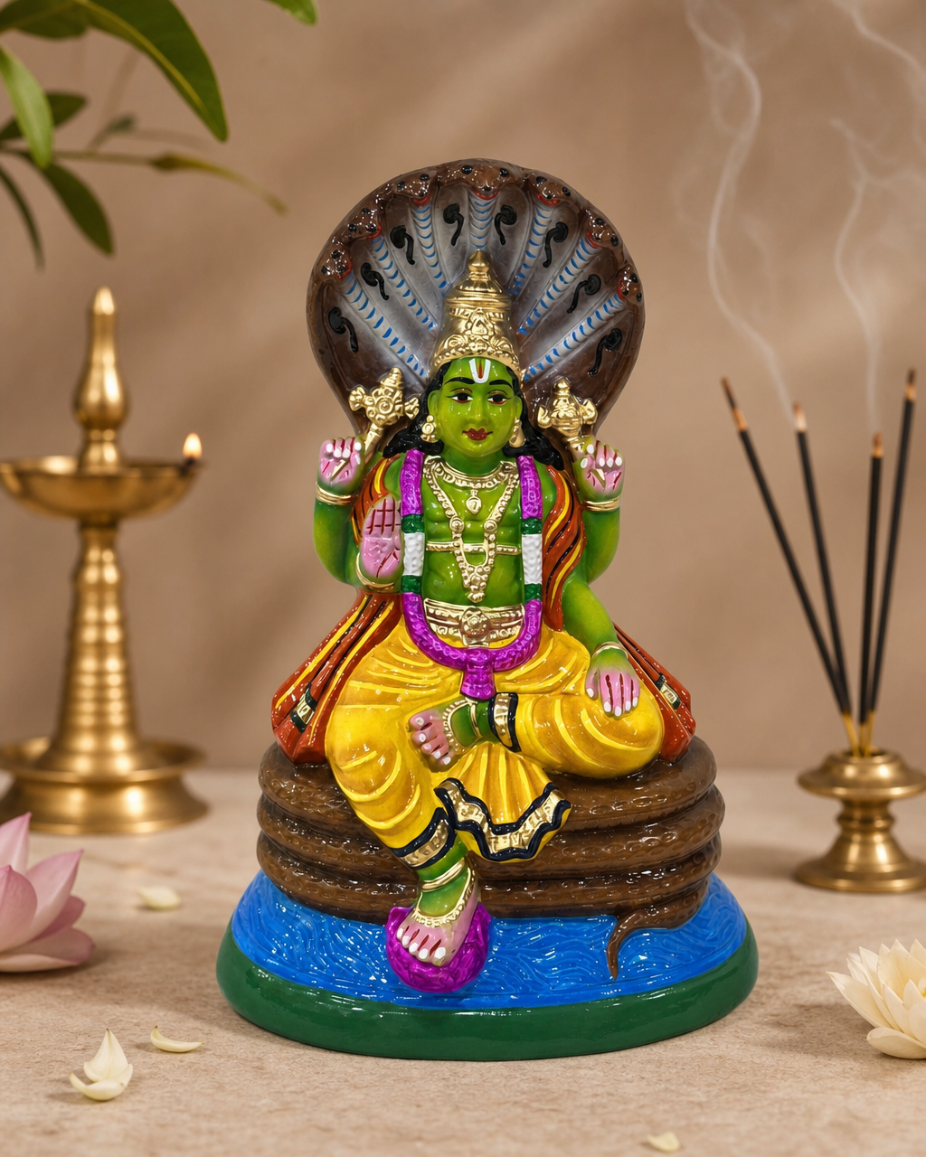 Colorful Pachadi Vanna Perumal statue with intricate design, surrounded by incense and lamps.