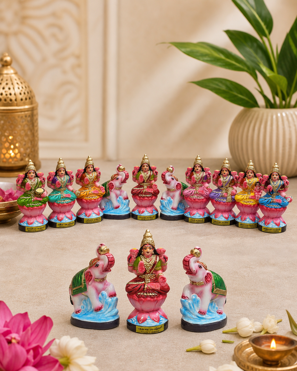 Colorful Astalakshmi set of figurines displayed with decorative elements