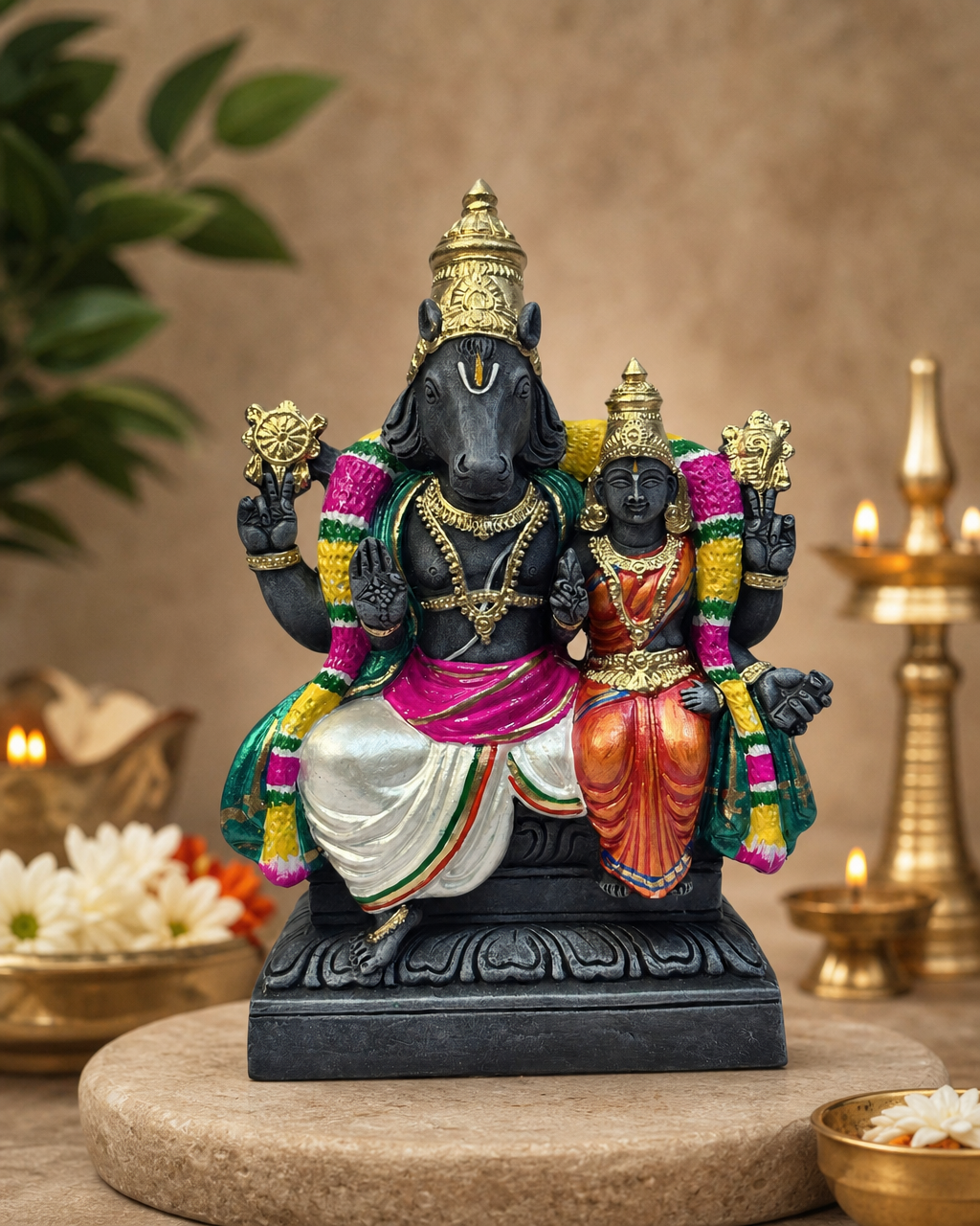 Lakshmi Hayagrivar statue with colorful drapery and intricate detailing, surrounded by decorative candles and flowers.