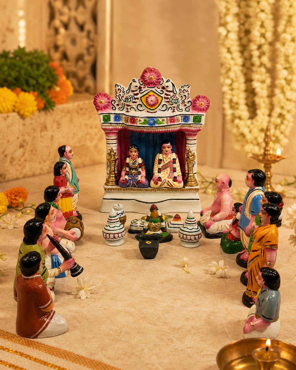 Traditional marriage figurine set with colorful figures and intricate details.