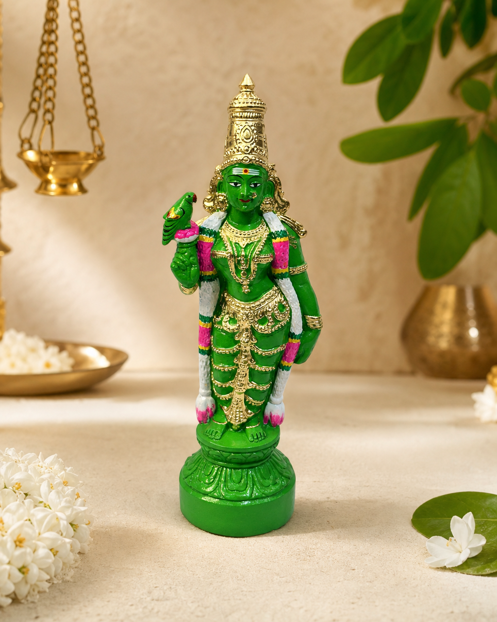 Green Meenakshi statue with gold detailing and decorative elements