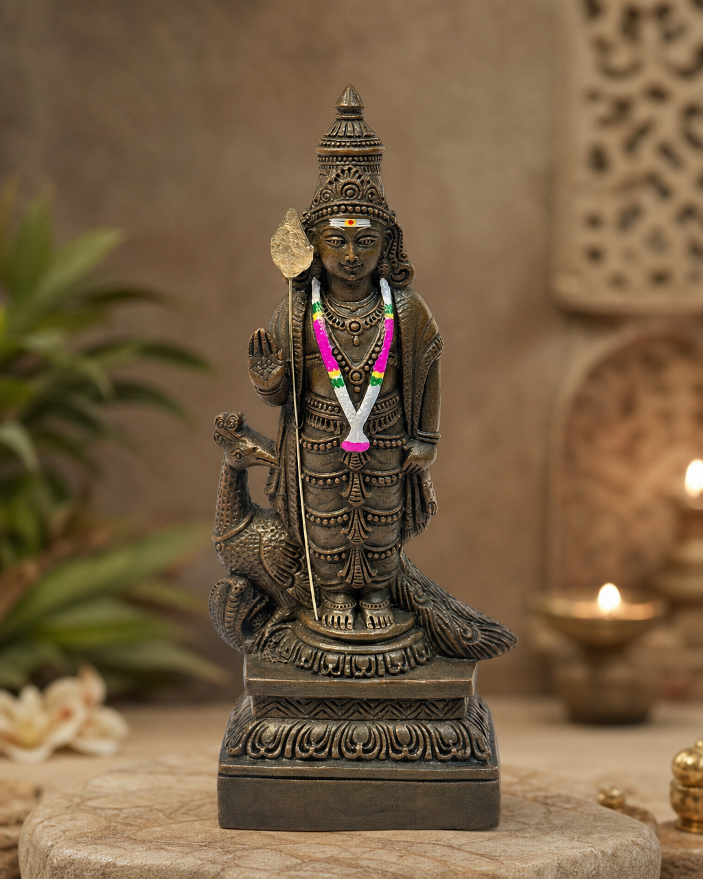 Intricate statue of Murugan with a peacock, showcasing detailed craftsmanship.