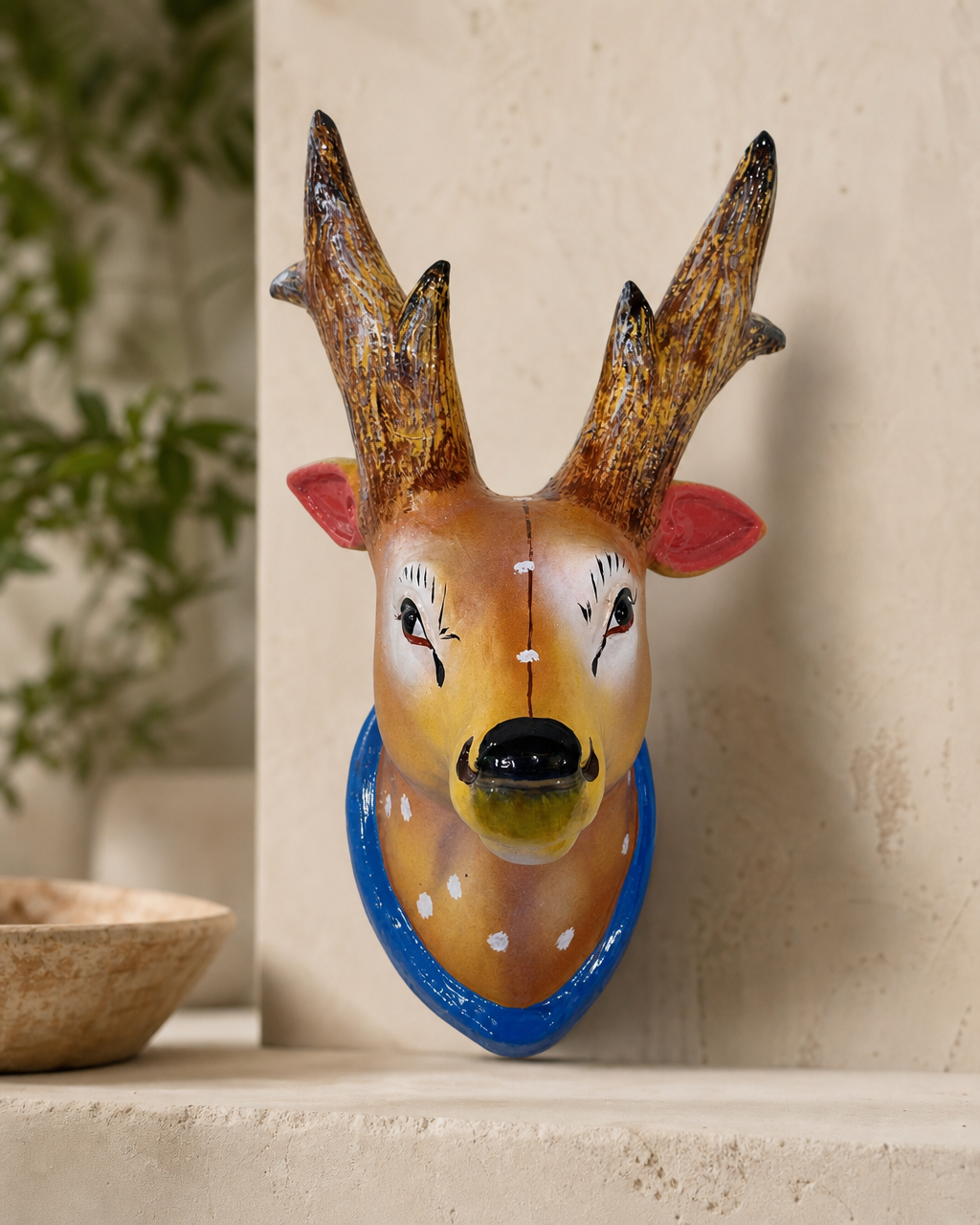 Colorful deer head wall decoration with detailed antlers