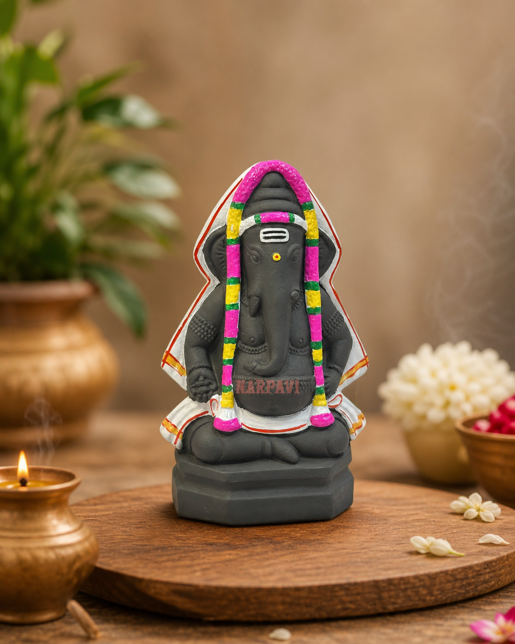A beautifully crafted small Ganesha statue from Pillayarpatti, elegantly decorated and displayed.