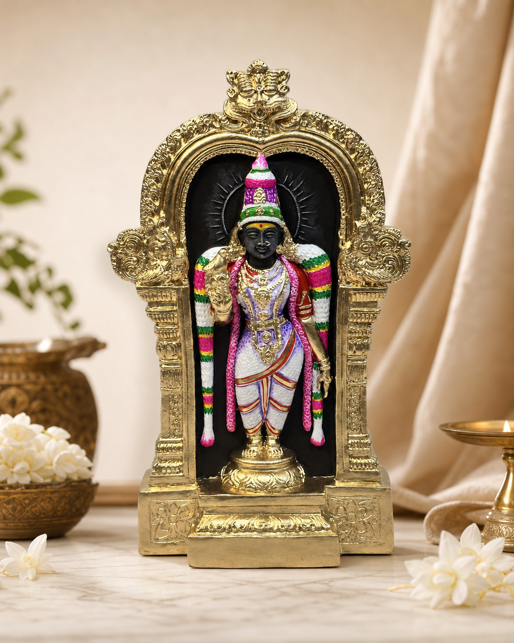 Intricately designed Pushpangi Meenakshi statue with vibrant colors, set in an opulent frame