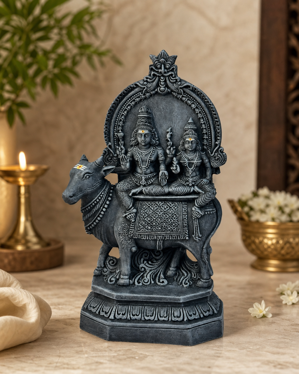 Exquisite Rishabhavahanam statue depicting a sacred scene, with detailed ornamentation and intricate carvings.