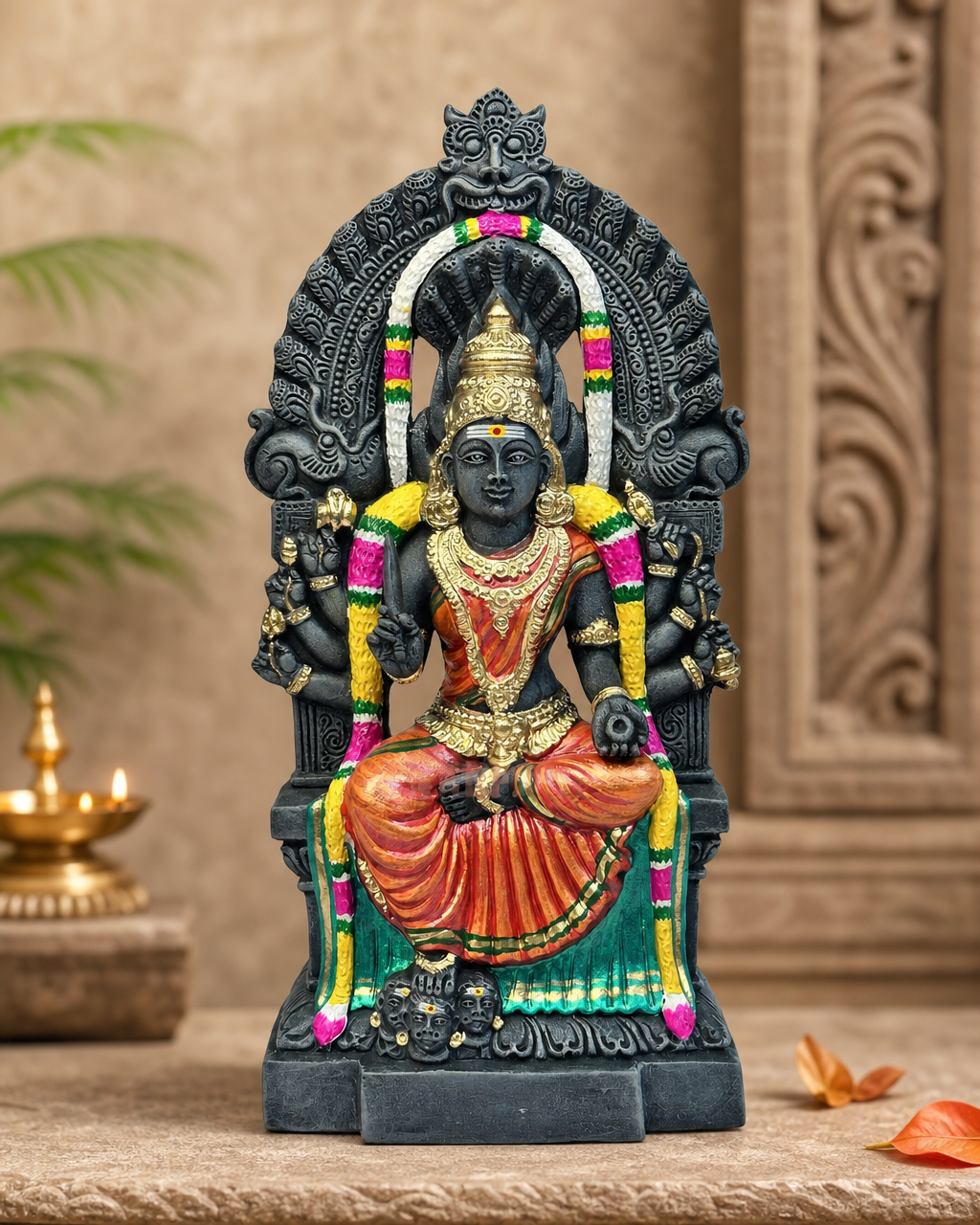 Ornate Samayapuram Mariyamman statue with intricate design and vibrant colors.