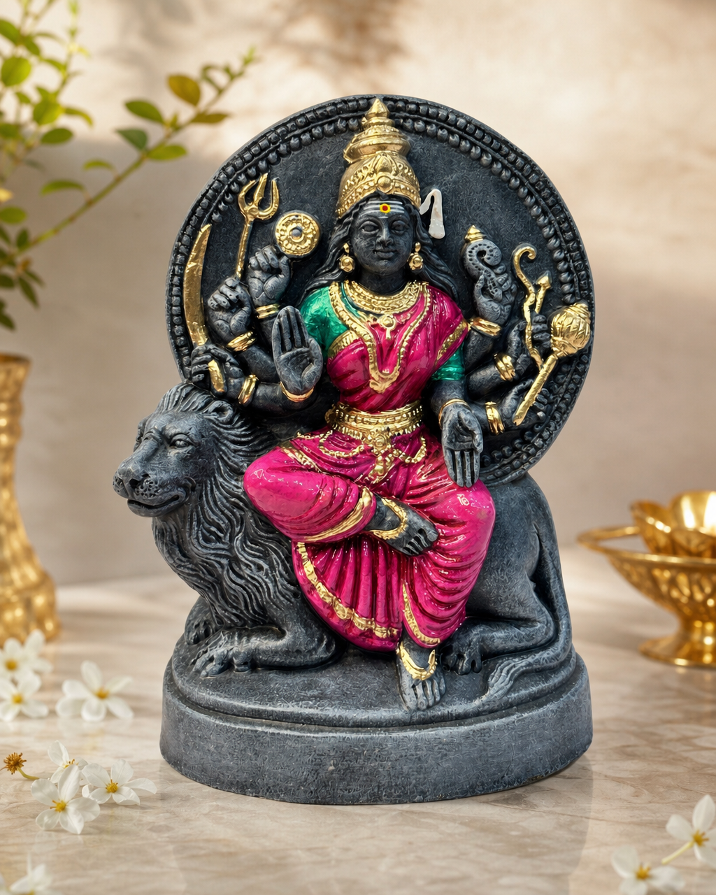 Intricate Singam Durgai Amman statue with vibrant colors, featuring a detailed lion and goddess figure.