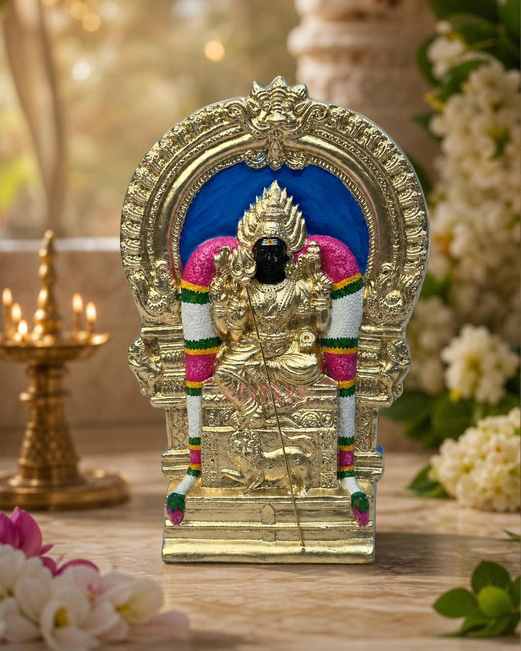 Siruvachur Madhurakali Amman Idol with vibrant colors and ornate detailing on a decorative surface