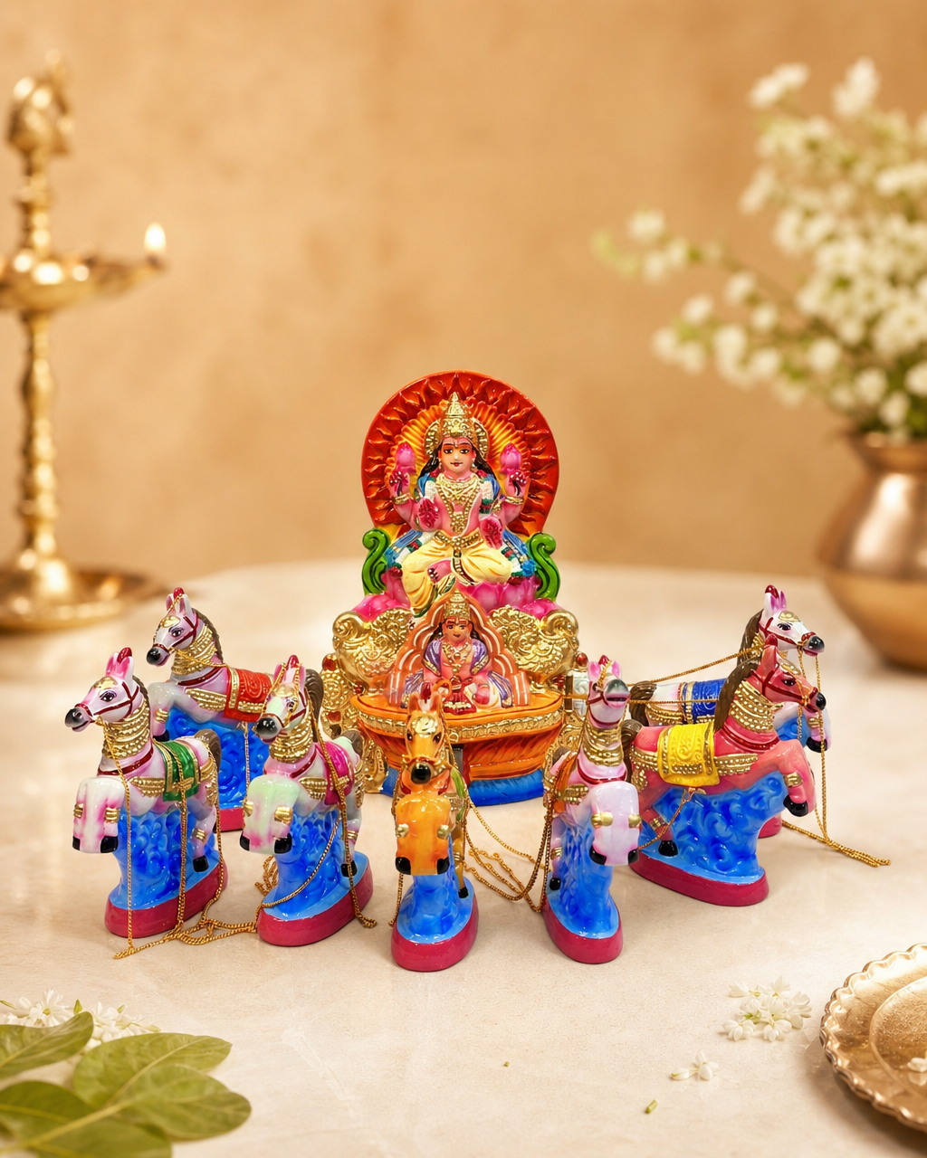 Colorful Soorya Radham set with vibrant horses and intricate details