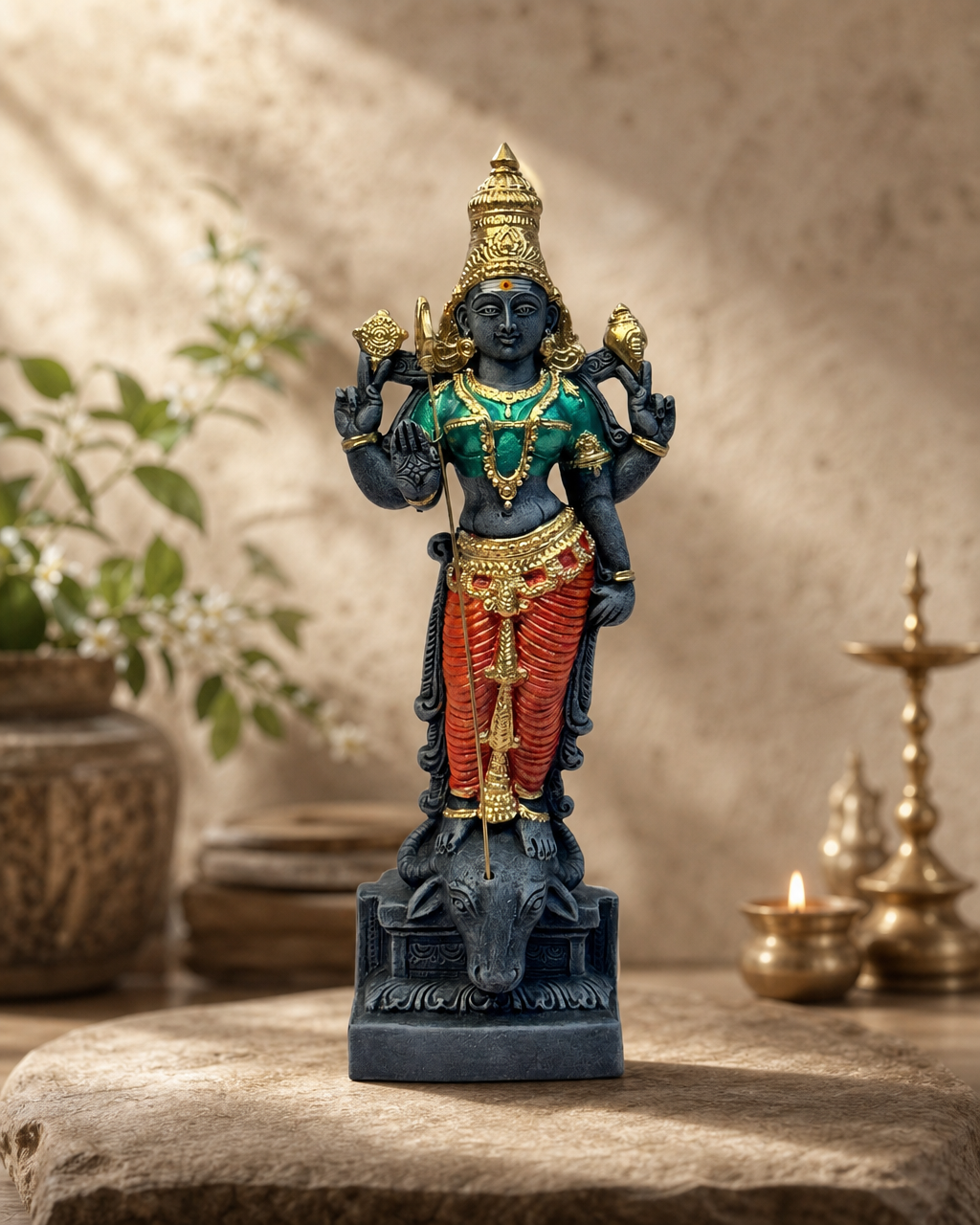 Intricately detailed Standing Durgai Amman statue on a textured surface with warm lighting and decorative background elements.
