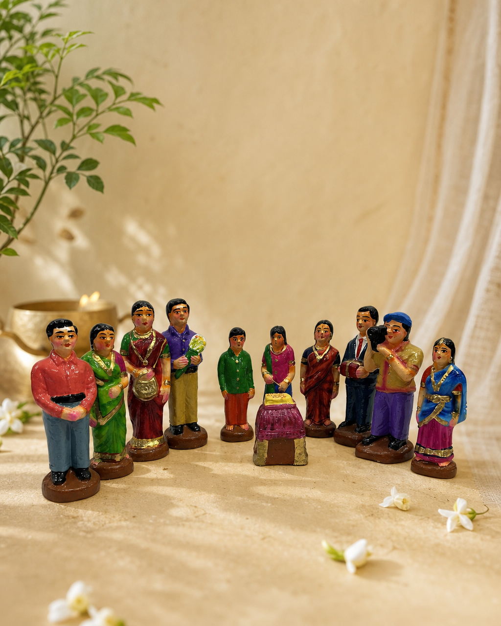 Colorful figurine set depicting a birthday celebration with people in traditional attire surrounding a cake.